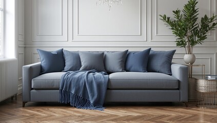 Fototapeta premium Cozy grey couch with blue cushions and throw in a stylish living space featuring wooden flooring and white walls