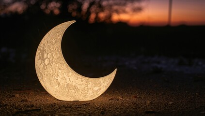 A spherical lamp with crater details mimicking a full moon resting on the floor at dusk.