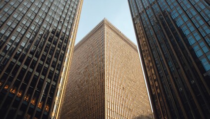 Fototapeta premium Modern office skyscraper with glass windows showcasing architectural facade design and construction structure in an urban environment.