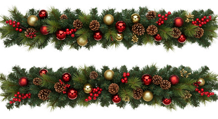 Two festive Christmas garlands with pinecones, red berries, and gold and red ornaments isolated on white