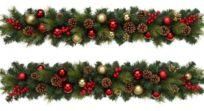 Two festive Christmas garlands with pinecones, red berries, and gold and red ornaments isolated on white