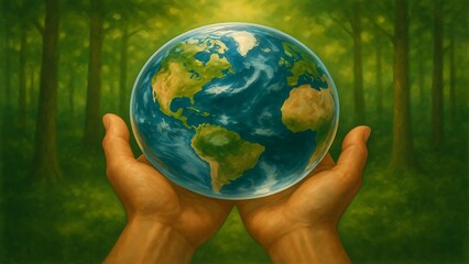 Hands holding the earth with a forest in the background, symbolizing environmental protection and sustainability for future generations