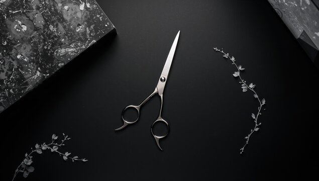 Professional hair cutting scissors for salon stylists with a stylish black and white design backdrop