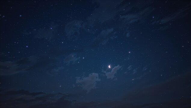Illustration of a night sky featuring stars, clouds, and a crescent moon - Powered by Adobe