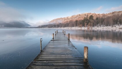 Naklejka premium Wooden pier submerged in water stretching over a tiny icy lake during a chilly winter dawn.