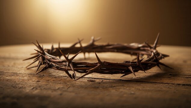 Thorny wreath resting on a wooden background