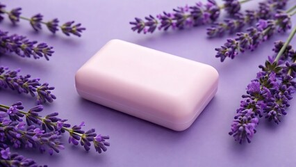 Aromatic lavender soap bar surrounded by fresh lavender sprigs on a purple background, creating a soothing and calming spa experience