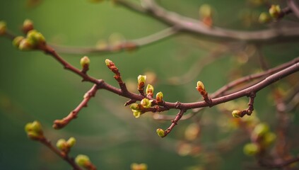 Close-up of budding tree branches in early spring with a green bokeh backdrop