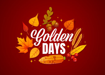 Thanksgiving quote golden days. Vector autumn festive phrase in bold white typography, surrounded by colorful seasonal leaves, acorns, wheat, corn, and berries, evokes warmth, harvest, and celebration