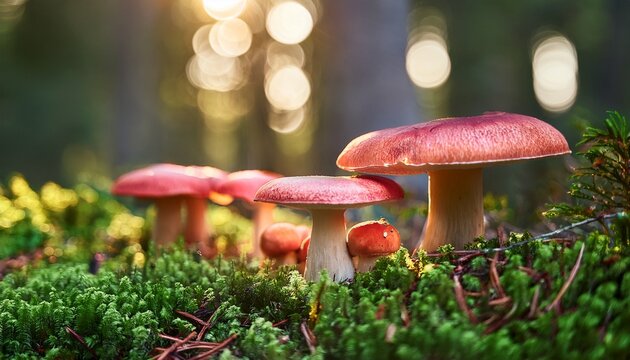 Mushrooms Growing In Forest Sunny Nature Background Harvest Season Picking Fungi Edible Russula Mushrooms With Red Caps Beautiful Image Of Wild Forest Aesthetic Autumn Season