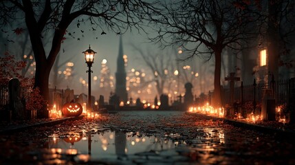 Fototapeta premium Halloween night scene with flaming pumpkin, graveyard, and bats