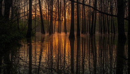 Evening shadows of trees mirrored in marsh water
