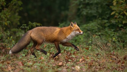Fototapeta premium Stunning crimson fox Vulpes vulpes amidst autumn foliage. Gorgeous creature in its wild environment. Wildlife moment from a temperate forest. Creature enjoying a serene landscape. Sprinting reddish
