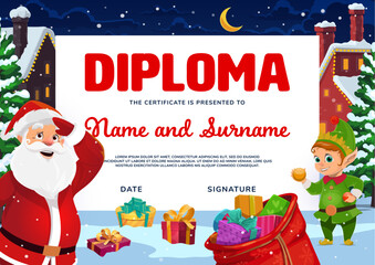 Kids Christmas diploma template with Santa Claus and happy smiling elf, red bag with gift boxes on winter snow. Night blue sky and snowy houses, decorated pine trees, holiday certificate