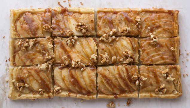 Square-cut puff pastry tart topped with apple slices, walnuts, and caramelized brown sugar