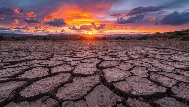 A striking scene of dry, cracked soil beneath a blazing sunset, conveying feelings of fragility and transformation