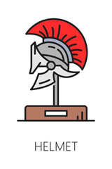 Museum art gallery and exhibition color line icon of warrior helmet, vector pictogram. Museum antique archeology exhibit or ancient history gallery icon of Greek, Roman or Spartan gladiator helmet