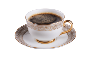 Elegant coffee in ornate cup on saucer, ideal for luxury branding needs