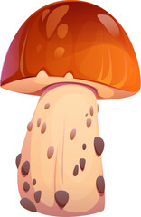 Cartoon autumn mushroom with a thick beige stalk dotted with brown spots and a shiny, smooth, rounded brown cap. Isolated vector fall season forest fungus, symbolizing wild nature and woodland plants