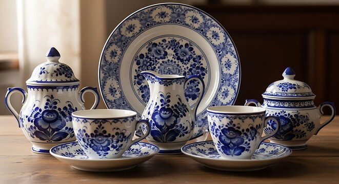 Elegant Delftware Tea Set - A Timeless Blue and White Collection. - Powered by Adobe