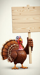 Cartoon turkey holding blank wooden sign, showcasing free space for text or advertisement Thanksgiving, autumn, holiday promotion