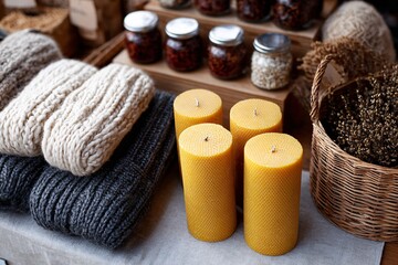 Cozy handmade gifts including candles and textiles at a market