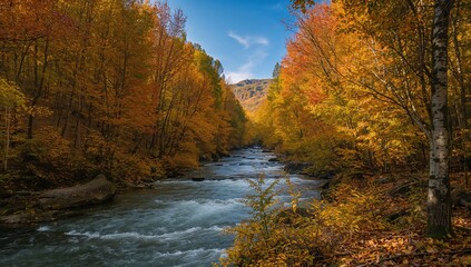 Golden forest with a river winding through autumn's vibrant colors, highlighting the natural charm of mountain landscapes.