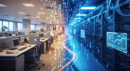 Modern office merging with futuristic data center, concept of digital transformation and artificial intelligence network integration
