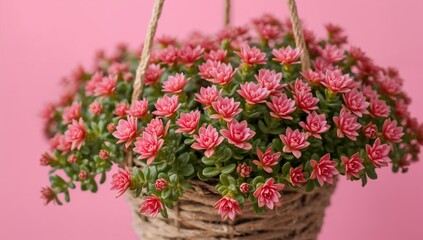 Fototapeta premium Palmer's sedum blossoming in a suspended planter with a vibrant pink backdrop