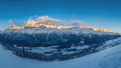 Stunning wide-angle view of snow-covered mountain peaks under a clear blue winter sky