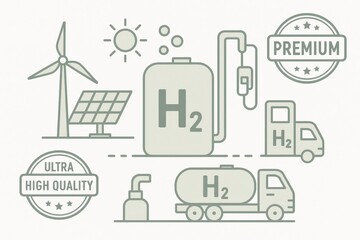 Innovative hydrogen energy concept showcasing wind turbines, solar panels, and eco-friendly transportation for sustainable future development and renewable energy transition