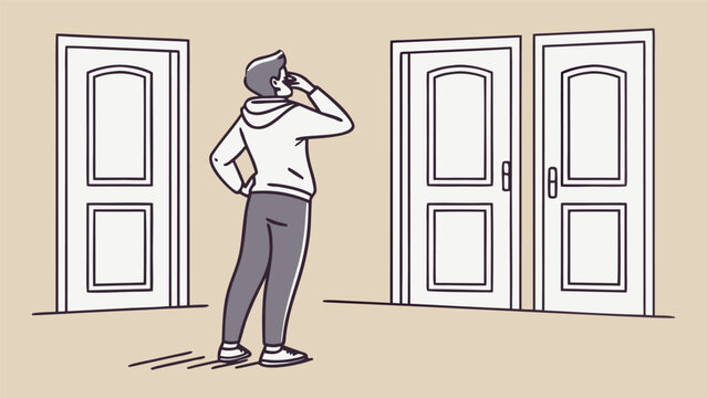 Person standing in front of multiple doors making a difficult decision or choice