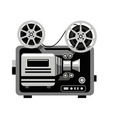 Naklejka premium Vintage film projector showing movie reels in black and white.
