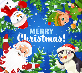Cartoon Christmas characters Santa Claus, penguin, elf with balls and snowman with cute red hat and mittens. Blue holiday greeting card with adorable personages, pine trees and quote Merry Christmas