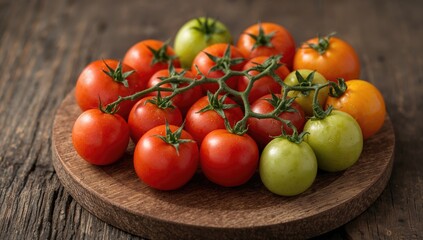 Assorted vibrant fresh wild mini cherry tomatoes displayed on rustic wooden surface with selective focus