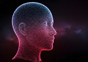 Obraz premium Digital Soul: A vibrant 3D rendering of a human head composed of countless digital points, radiating an aura of modern technology.