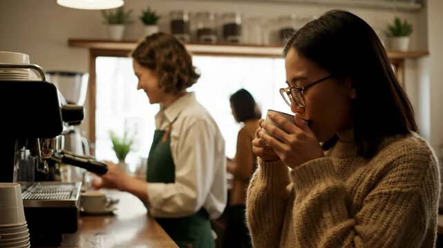 A patron drinks coffee in a cafe with a barista in the background preparing drinks.