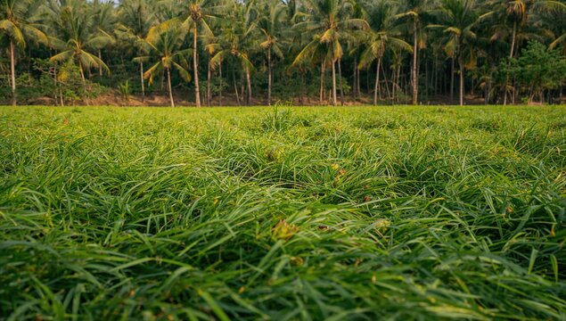 Lush tropical foliage in a natural setting with coconut trees and fruits
