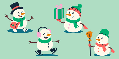 Cheerful snowman characters exchanging gifts and smiles set