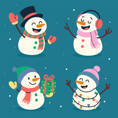 Happy snowman characters celebrating winter holidays