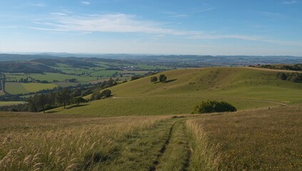 Naklejka premium Vast rolling hills covered in vibrant greenery extend toward faraway elevations beneath a bright azure sky. A meandering trail guides you through the tranquil rural scenery, beckoning adventure.