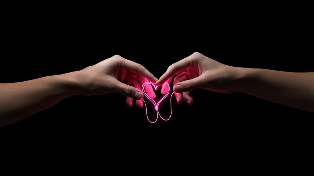 Two hands connecting with a glowing pink heart and wire against a black background, representing love and connection concept, footage
