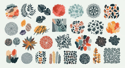 Collection of abstract organic shapes, botanical patterns, and artistic watercolor textures for modern design projects