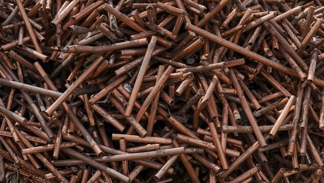 Close-up of copper tubing scrap metal being recycled or melted down in a foundry. Copper pipe waste materials repurposed for industrial use. Non-ferrous metal scrap in waste recycling processes.