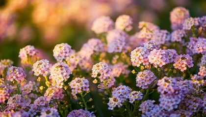 Obraz premium Flowering Garden Variety Of Lobularia Maritima Sweet Alyssum Natural Macro Floral Background