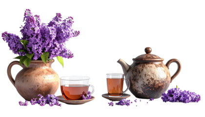 Twin variations of cozy tea and lilac floral arrangement isolated on transparent background