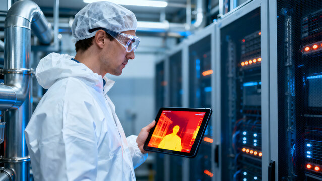 Scientist in protective clothing using tablet with thermal camera in advanced laboratory server room monitoring temperature and data systems