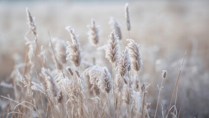 Fototapeta premium Soft plant-themed abstract background featuring frosted pampas grass and floral elements with a blurred bokeh effect in boho style. Ice crystal patterns and nature observation.