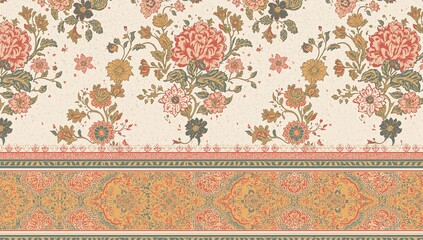 Seamless Floral Textile Design Featuring Paisley Borders and Traditional Art Elements
