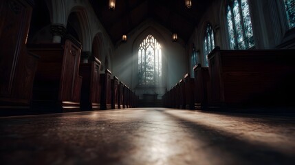 Fototapeta premium Dramatic sunbeams pierce the stained glass of a solemn church interior casting light on wooden pews